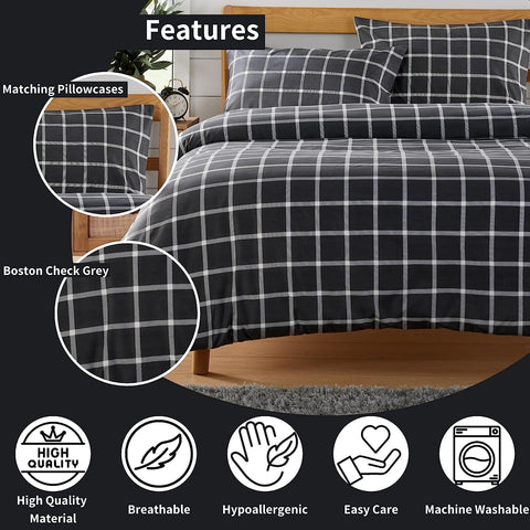 OLIVIA ROCCO Grey Check Reversible Duvet Cover Set Soft Durable Breathable Polyester Bedding Machine Washable Single Double King
