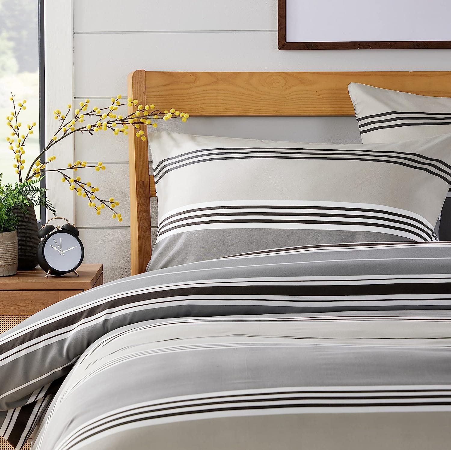 OLIVIA ROCCO Harlow Stripes Grey Reversible Quilted Duvet Cover Set With Button Closure Polyester Blend Breathable And Durable Single Double King