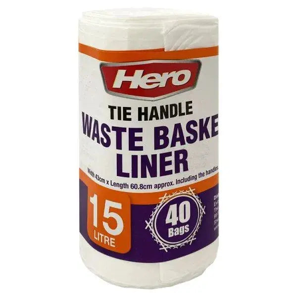 Hero 40 Tie Handle Waste Basket Liner Bags 15 Litre