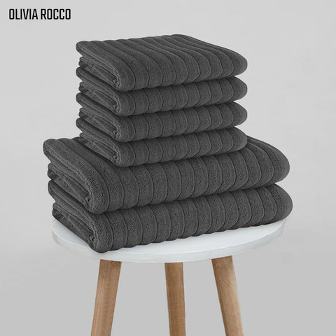 OLIVIA ROCCO Hydro Cotton Ribbed Towels Jumbo Bath Sheets 2 Pack Charcoal Highly Absorbent Quick Dry Soft Lightweight Set