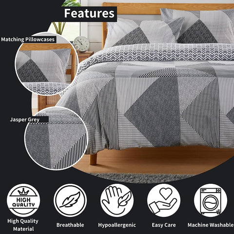 OLIVIA ROCCO Jasper Grey Printed Reversible Quilted Duvet Cover Set With Button Closure Single, Double, King, High Quality Polyester