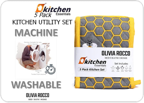 OLIVIA ROCCO Kitchen Sets With Apron Double Oven Gloves Towel Set Oven Mitts Pot Holder Five Piece Heat Resistant For Home Baking