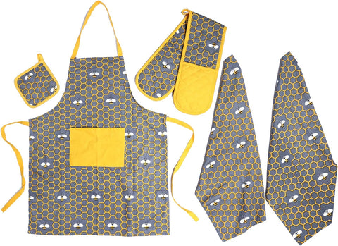 OLIVIA ROCCO Kitchen Sets With Apron Double Oven Gloves Towel Set Oven Mitts Pot Holder Five Piece Heat Resistant For Home Baking