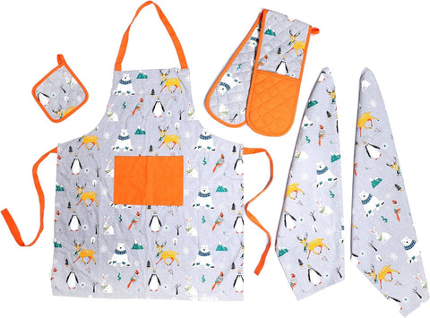 OLIVIA ROCCO Kitchen Sets With Apron Double Oven Gloves Towel Set Oven Mitts Pot Holder Five Piece Heat Resistant For Home Baking