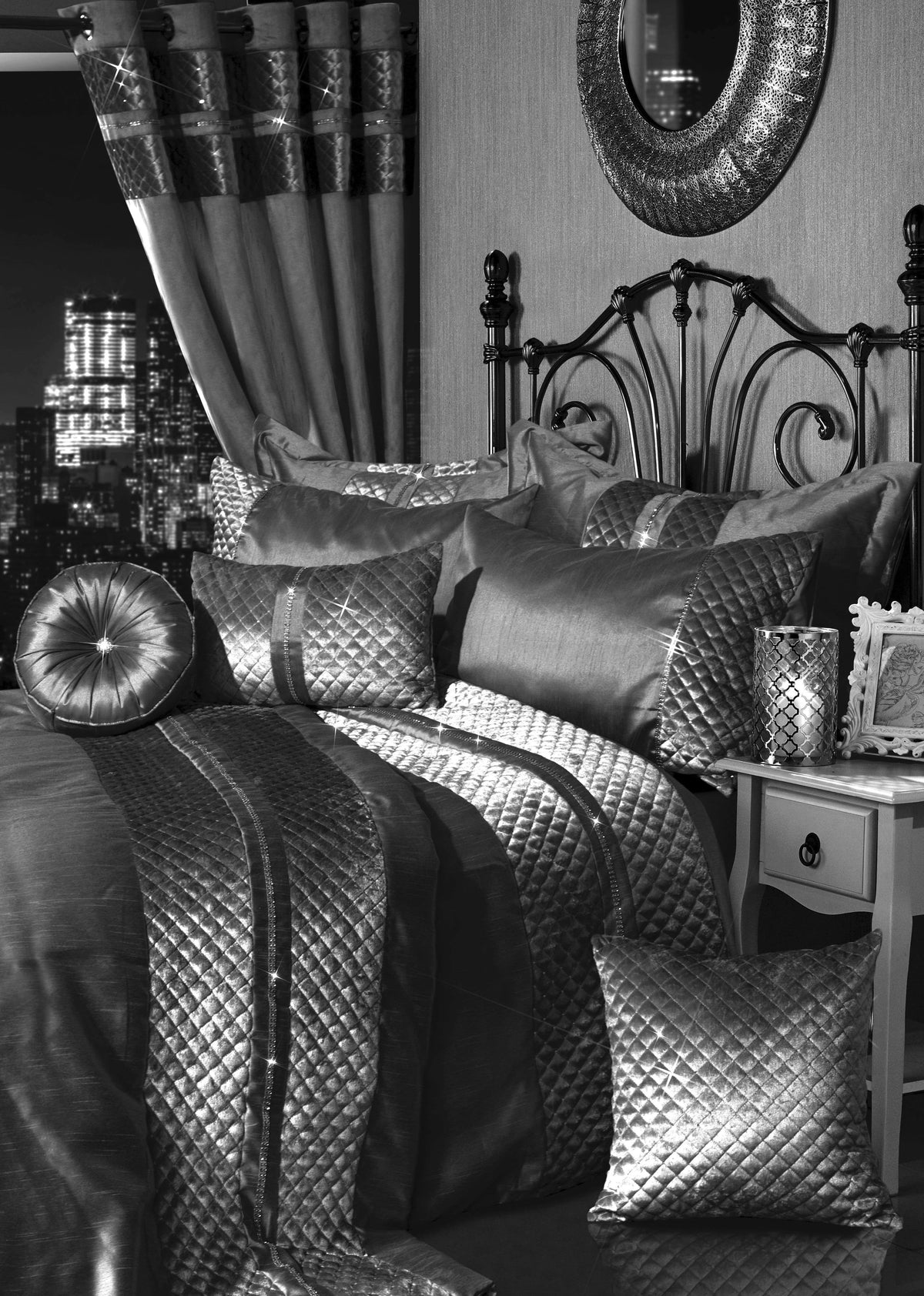 OLIVIA ROCCO Kylie Duvet Set Charcoal Gold Velvet Bedding With Quilted Trim Diamante Detailing In Various Sizes For Elegant Bedroom Decor