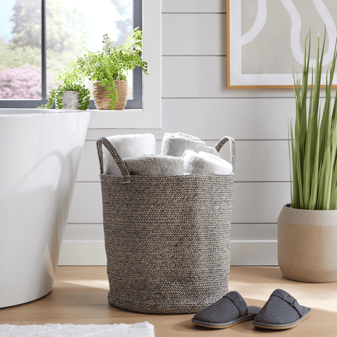 OLIVIA ROCCO Large Woven Cotton Laundry Basket With Handles Durable Rope Storage Bin For Clothes Toys Household Items Black Grey Natural
