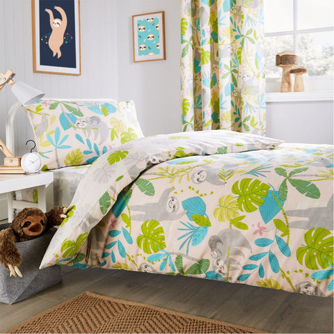 OLIVIA ROCCO Lazy Sloth Kids Duvet Set Soft Cotton Blend Bedding With Pillowcase And Matching Curtains OEKO TEX Certified Single And Double Sizes