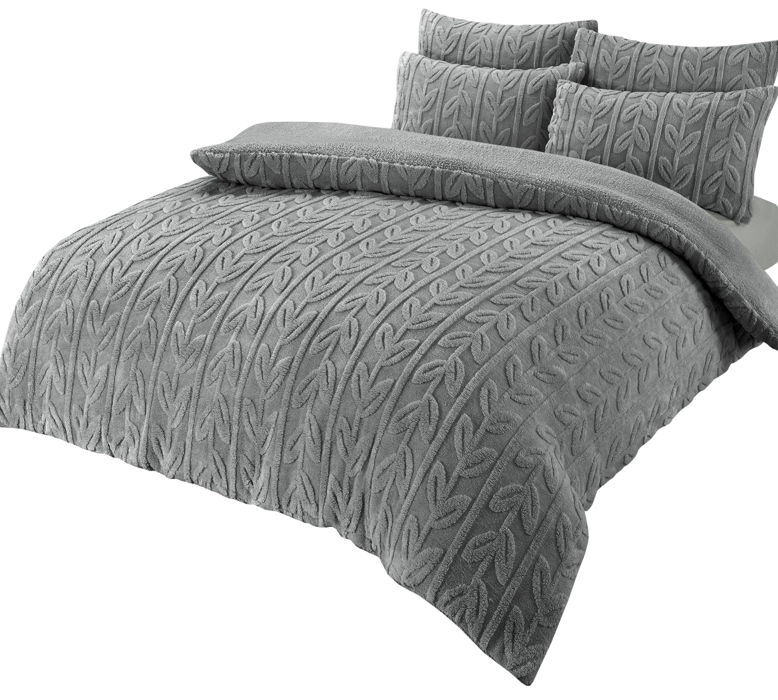 OLIVIA ROCCO Leaf Print Teddy Duvet Set With Reversible Sherpa Fleece Ultra Soft Winter Bedding For Single Double King Bed Sizes
