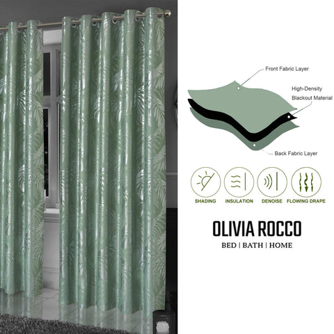 OLIVIA ROCCO Leaf Sage Green Sparkle Blackout Curtains With Thermal Insulation Eyelet Drapes Super Soft Fabric 2 Panels Room Darkening