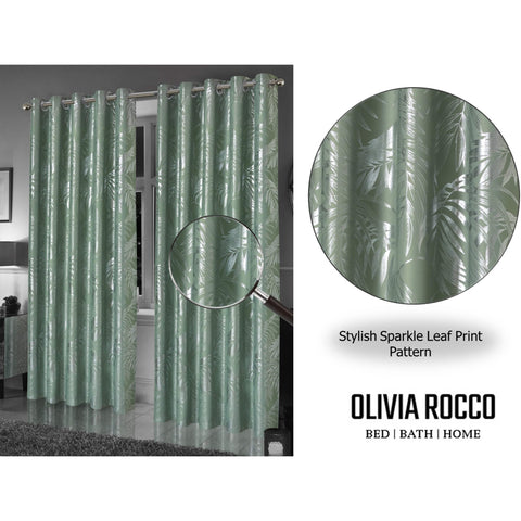 OLIVIA ROCCO Leaf Sage Green Sparkle Blackout Curtains With Thermal Insulation Eyelet Drapes Super Soft Fabric 2 Panels Room Darkening