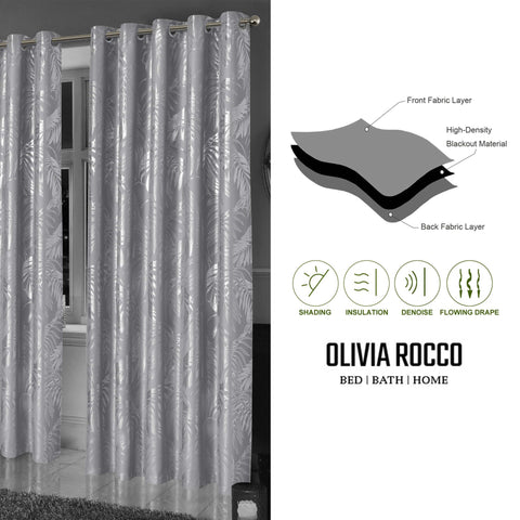 OLIVIA ROCCO Leaf Silver Sparkle Blackout Curtains Super Soft Thermal Insulated Eyelet Drapes, 2 Panels For Living Room And Bedroom