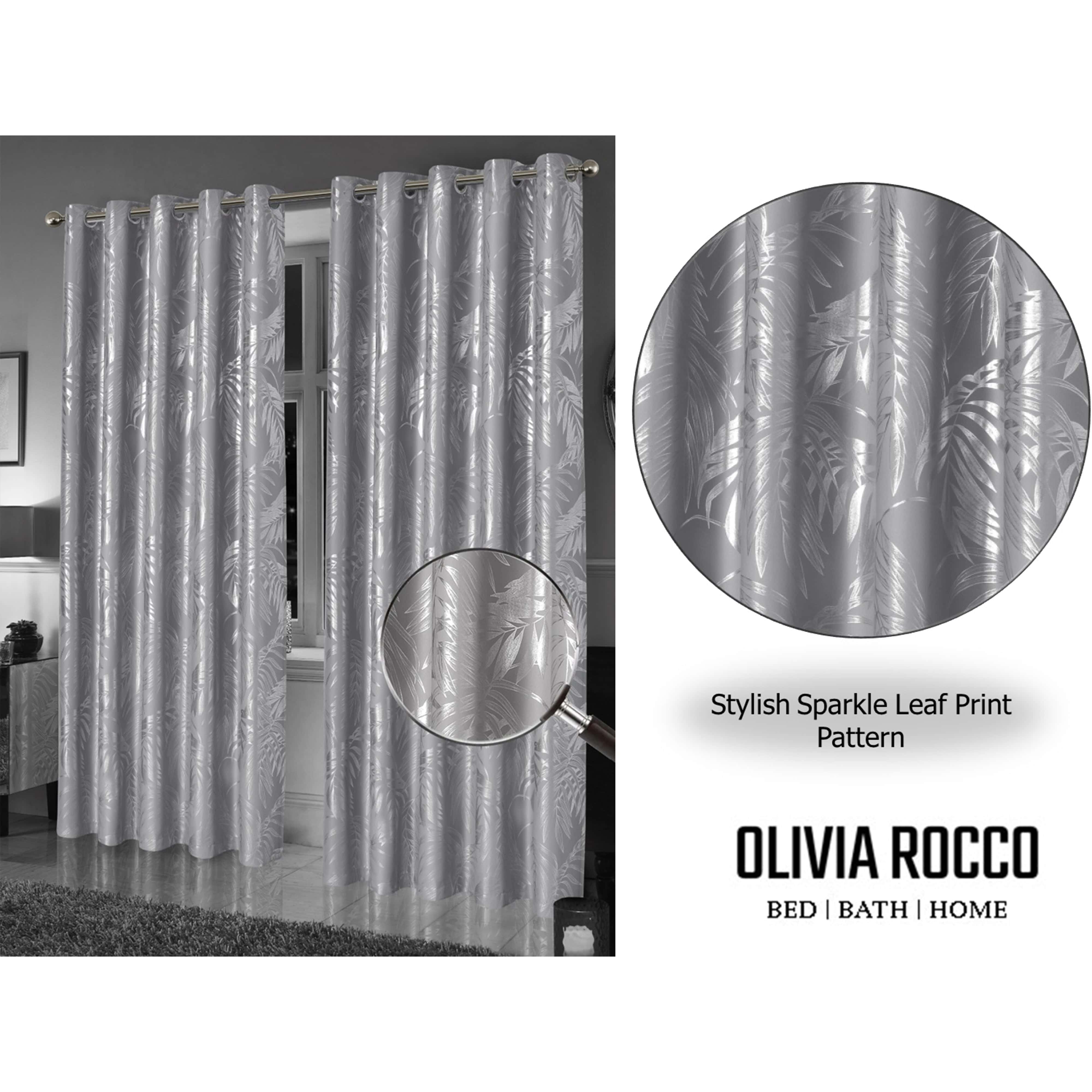 OLIVIA ROCCO Leaf Silver Sparkle Blackout Curtains Super Soft Thermal Insulated Eyelet Drapes, 2 Panels For Living Room And Bedroom
