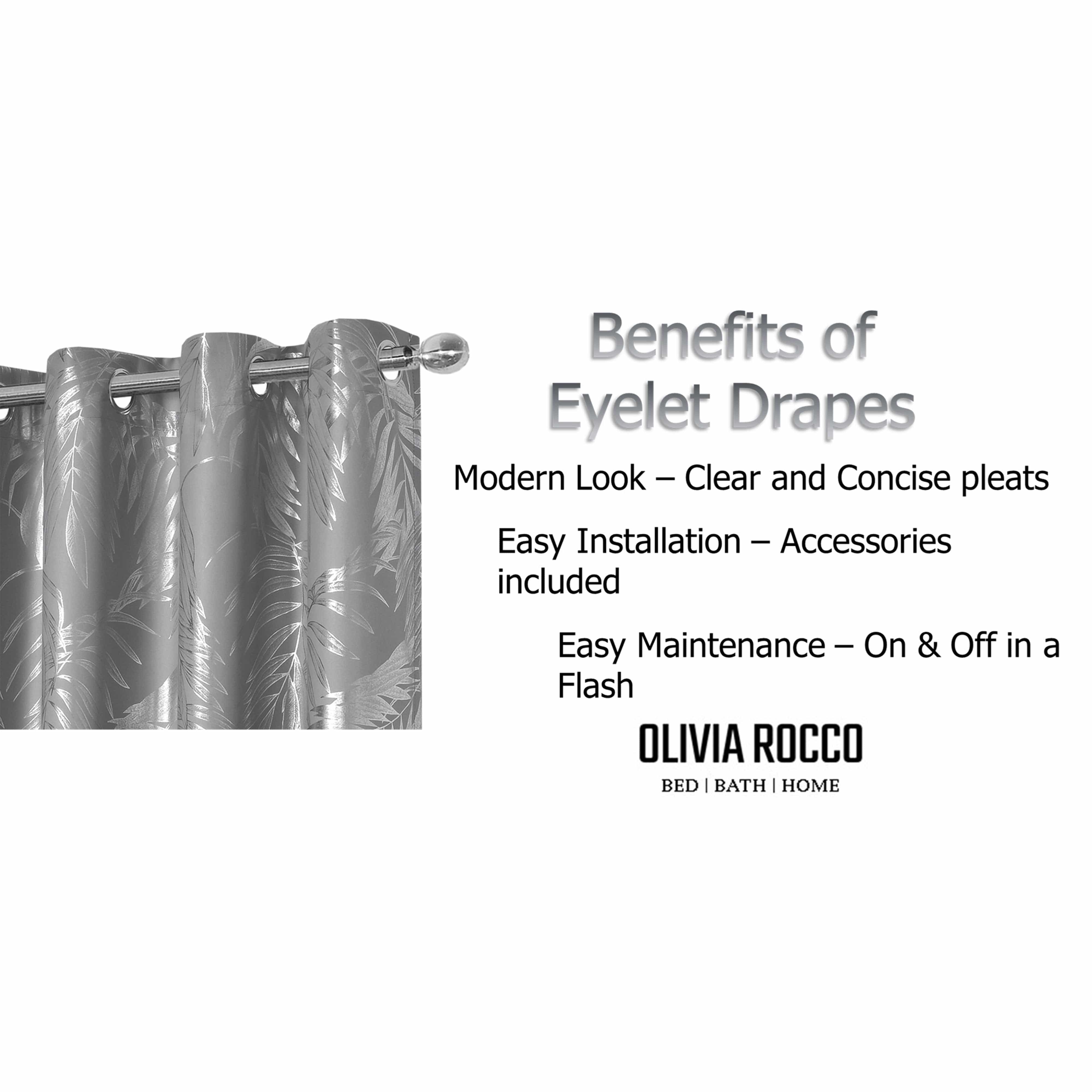 OLIVIA ROCCO Leaf Silver Sparkle Blackout Curtains Super Soft Thermal Insulated Eyelet Drapes, 2 Panels For Living Room And Bedroom