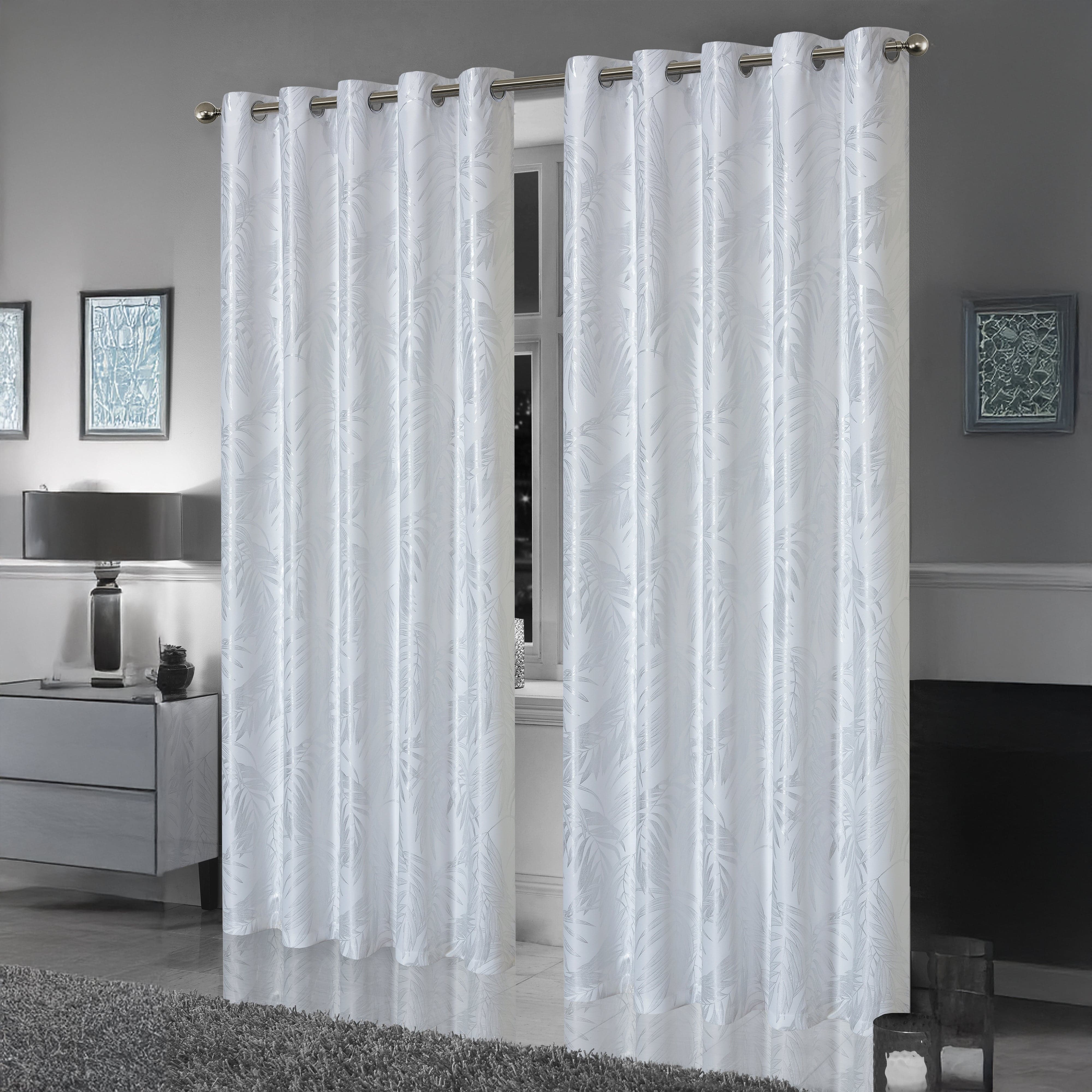 OLIVIA ROCCO Leaf White Sparkle Blackout Curtains Super Soft Fabric Thermal Insulated Eyelet Drapes 2 Panels For Living Room Bedroom