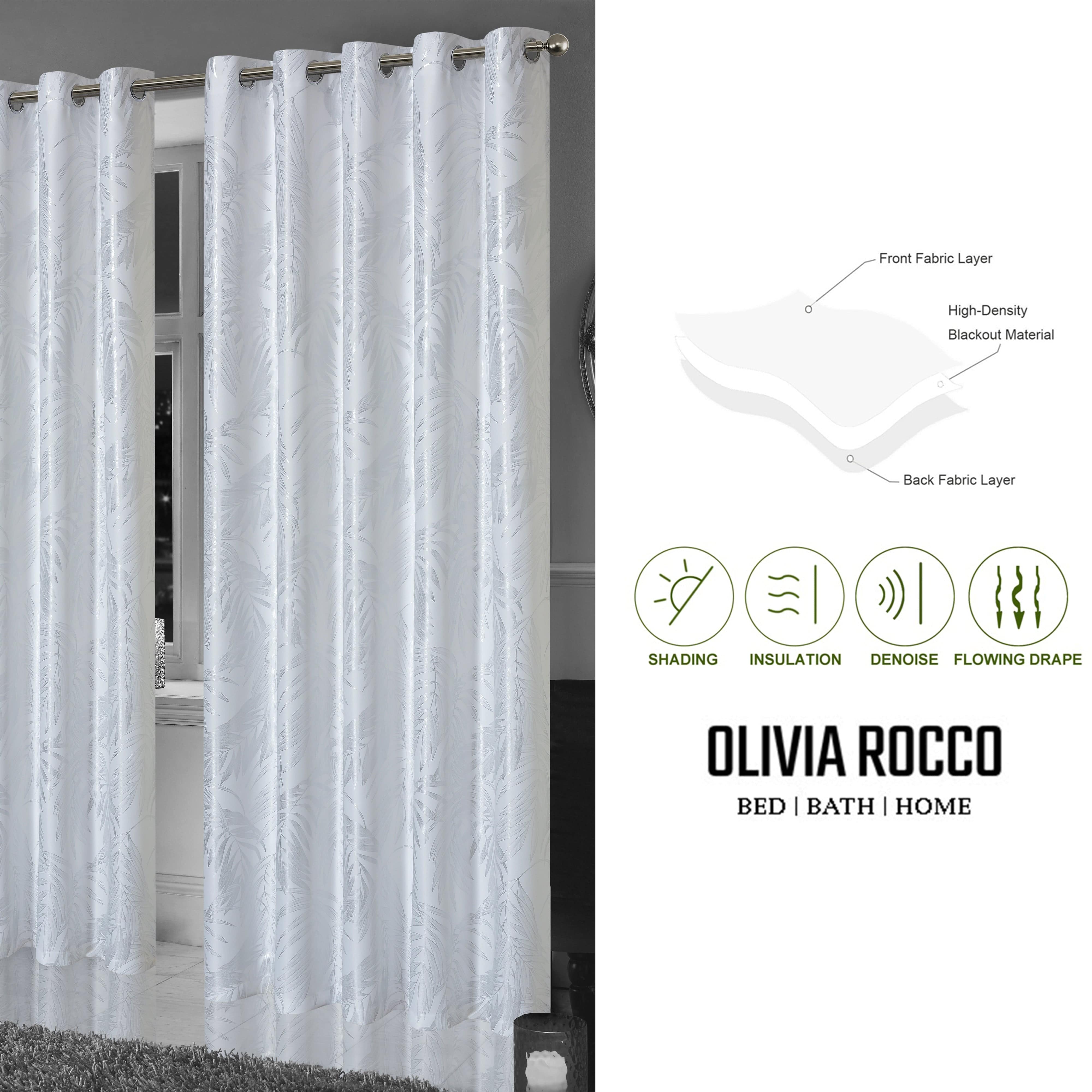 OLIVIA ROCCO Leaf White Sparkle Blackout Curtains Super Soft Fabric Thermal Insulated Eyelet Drapes 2 Panels For Living Room Bedroom