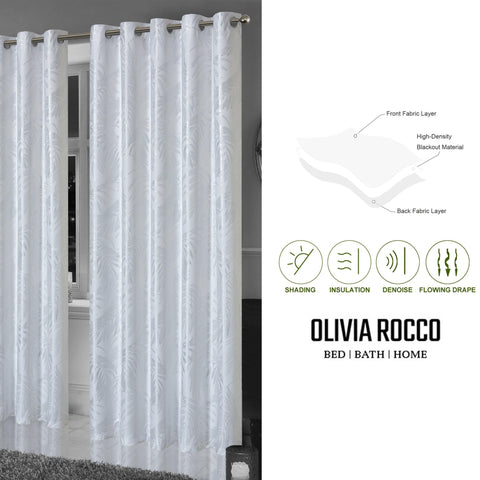 OLIVIA ROCCO Leaf White Sparkle Blackout Curtains Super Soft Fabric Thermal Insulated Eyelet Drapes 2 Panels For Living Room Bedroom