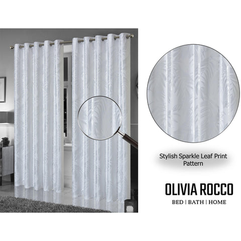 OLIVIA ROCCO Leaf White Sparkle Blackout Curtains Super Soft Fabric Thermal Insulated Eyelet Drapes 2 Panels For Living Room Bedroom