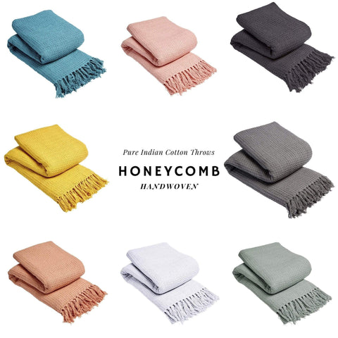 OLIVIA ROCCO Lisbon Pure Indian Cotton Handwoven Honeycomb Throw Blanket Lightweight Soft Cover For Sofa Bed Or Living Room 10 Colours And Sizes