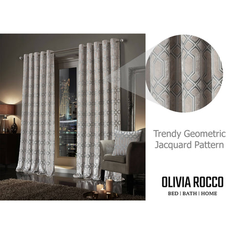 OLIVIA ROCCO Luxe Geo Velvet Eyelet Curtains Champagne Thermal Insulated Soundproof Light Blocking Drapes For Bedroom And Lounge