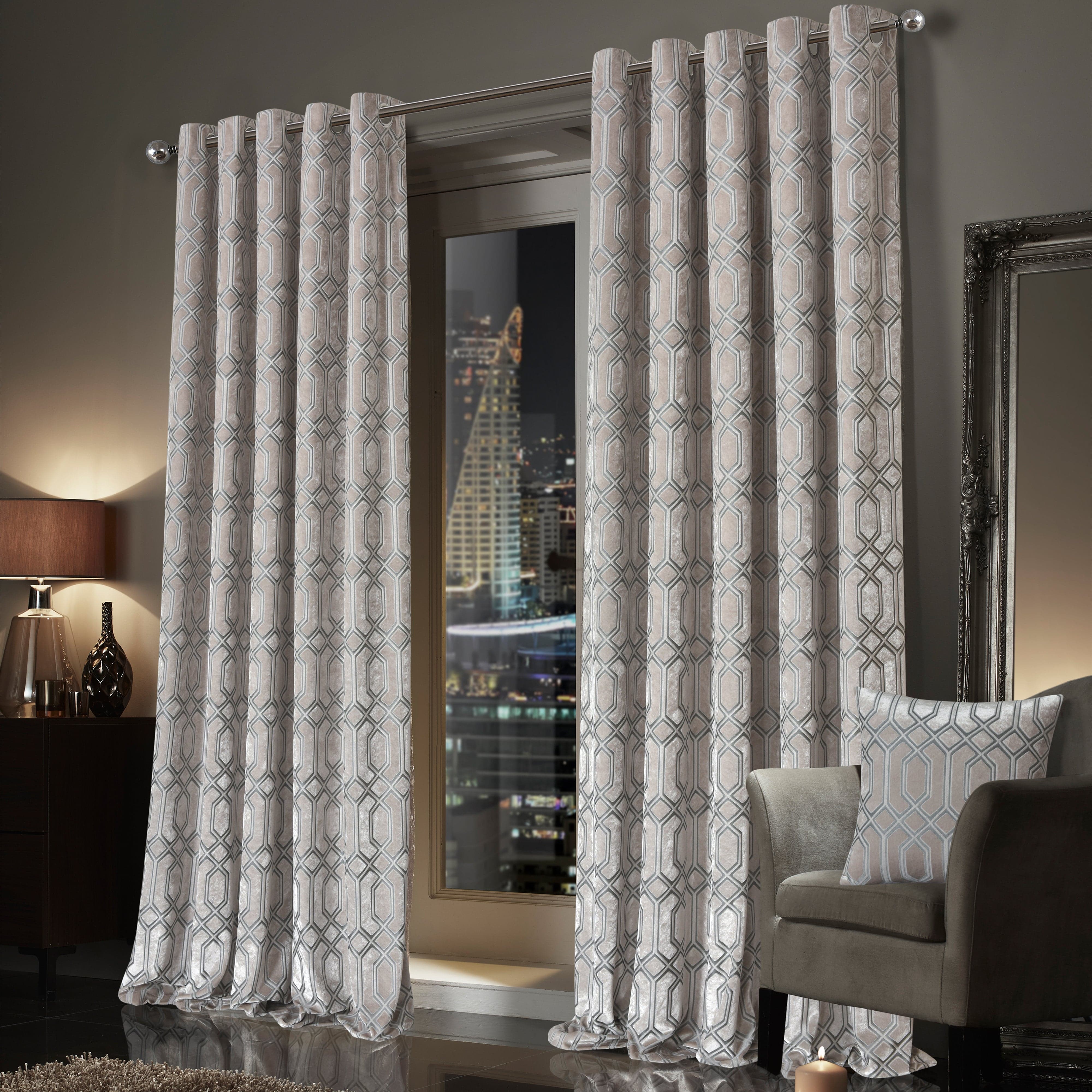 OLIVIA ROCCO Luxe Geo Velvet Eyelet Curtains Champagne Thermal Insulated Soundproof Light Blocking Drapes For Bedroom And Lounge