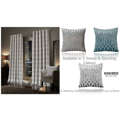 OLIVIA ROCCO Luxe Geo Velvet Eyelet Curtains Champagne Thermal Insulated Soundproof Light Blocking Drapes For Bedroom And Lounge