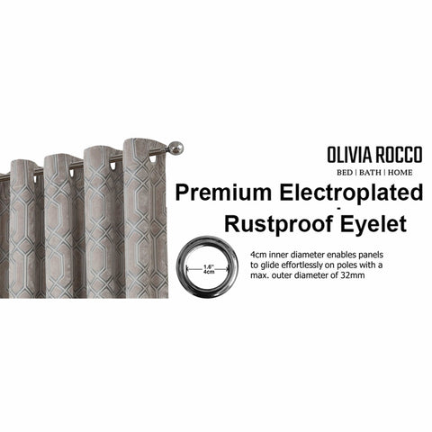 OLIVIA ROCCO Luxe Geo Velvet Eyelet Curtains Champagne Thermal Insulated Soundproof Light Blocking Drapes For Bedroom And Lounge