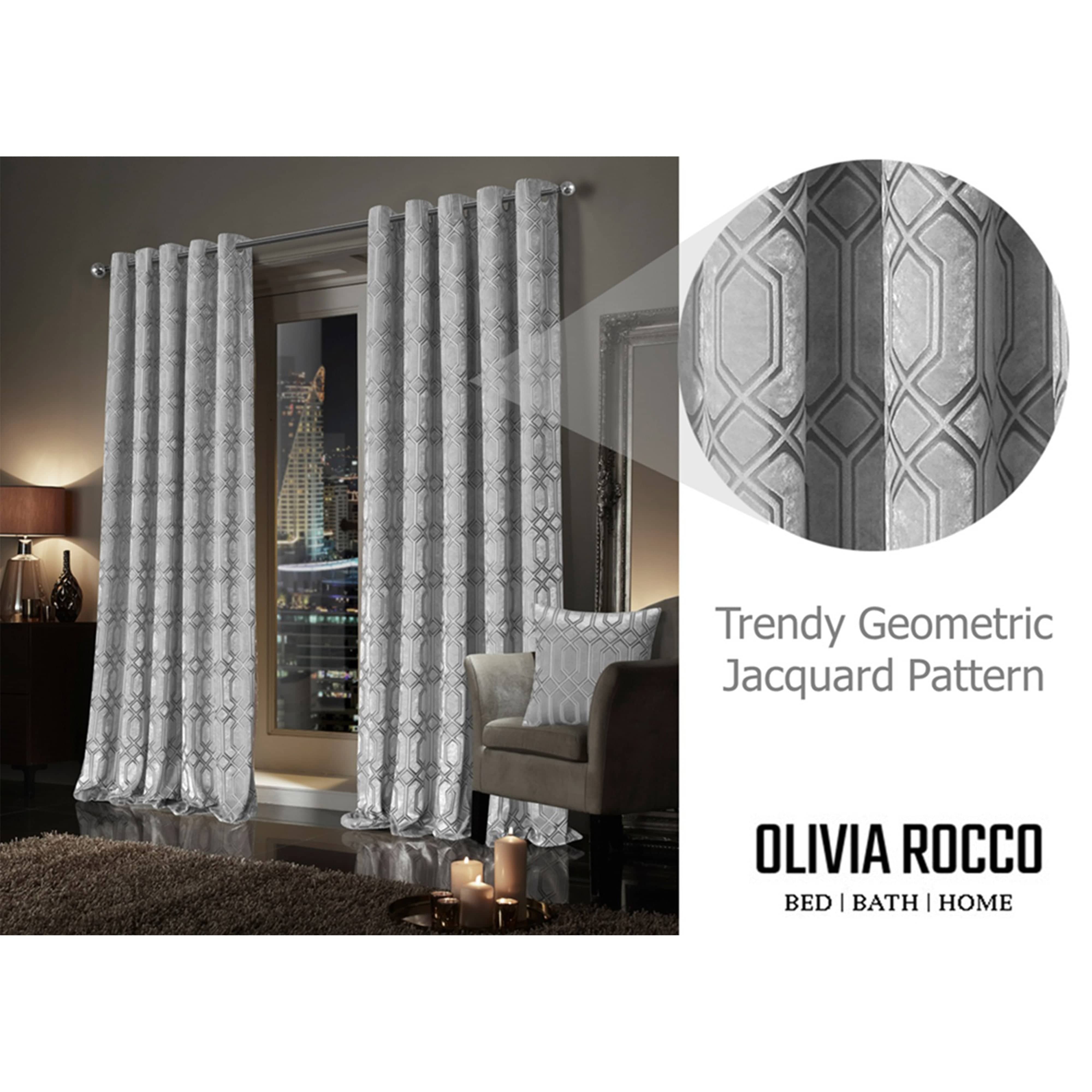OLIVIA ROCCO Luxe Geo Velvet Eyelet Curtains Grey Thermal Insulated Soundproof Light Blocking Drapes For Bedroom And Lounge