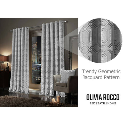 OLIVIA ROCCO Luxe Geo Velvet Eyelet Curtains Grey Thermal Insulated Soundproof Light Blocking Drapes For Bedroom And Lounge
