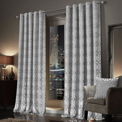 OLIVIA ROCCO Luxe Geo Velvet Eyelet Curtains Grey Thermal Insulated Soundproof Light Blocking Drapes For Bedroom And Lounge
