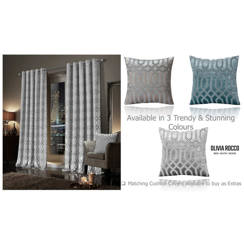 OLIVIA ROCCO Luxe Geo Velvet Eyelet Curtains Grey Thermal Insulated Soundproof Light Blocking Drapes For Bedroom And Lounge