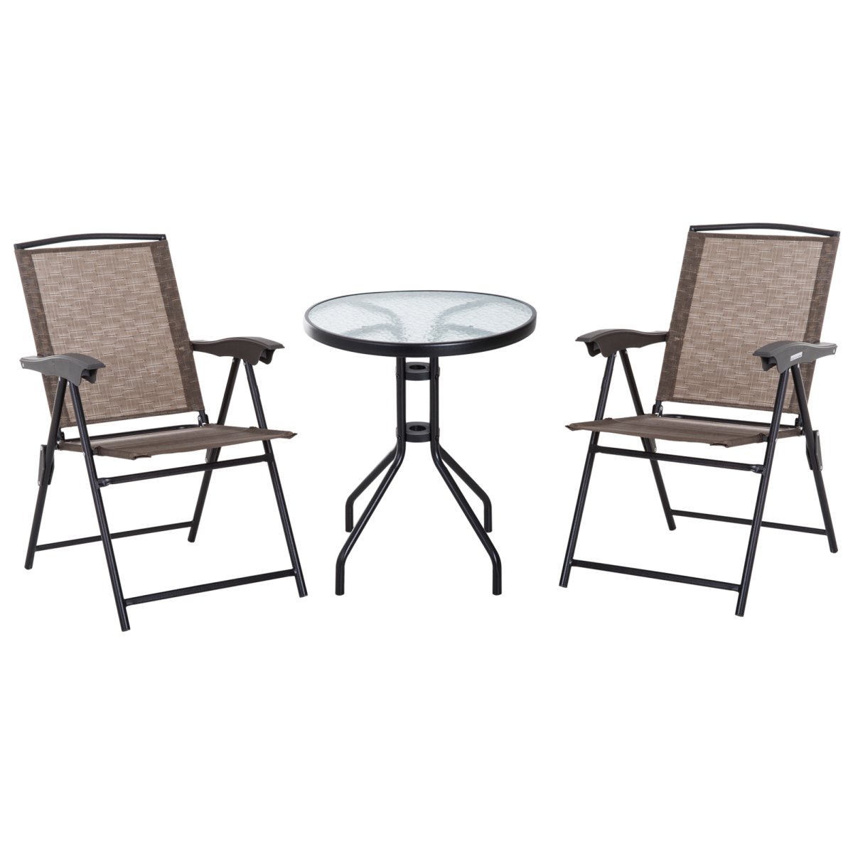 3 PCS Patio Furniture Bistro Set with Folding Chairs Tempered Glass Table Brown