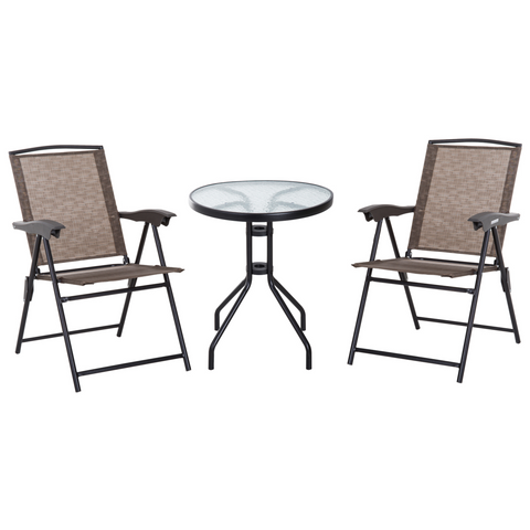 3 PCS Patio Furniture Bistro Set with Folding Chairs Tempered Glass Table Brown