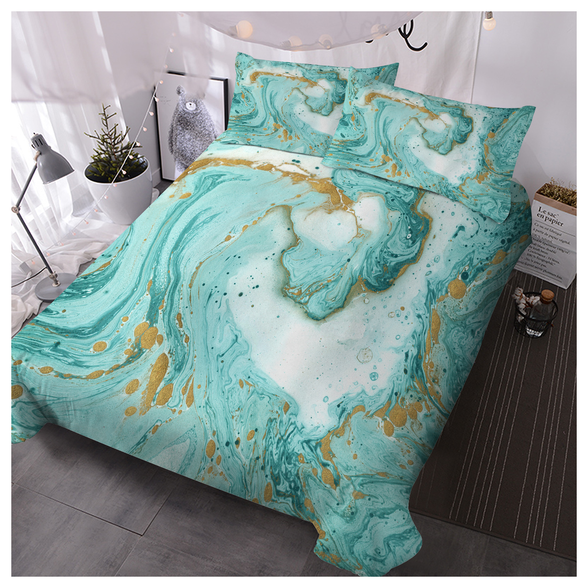 Chic Girly Marble Duvet Cover Mint Gold Glitter Turquoise Bedding Comforter Set Abstract Aqua Teel Blue Duvet Cover(Single)