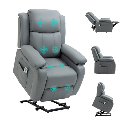 Electric Power Lift Recliner Chair with Massage Vibration Side Pocket, Grey