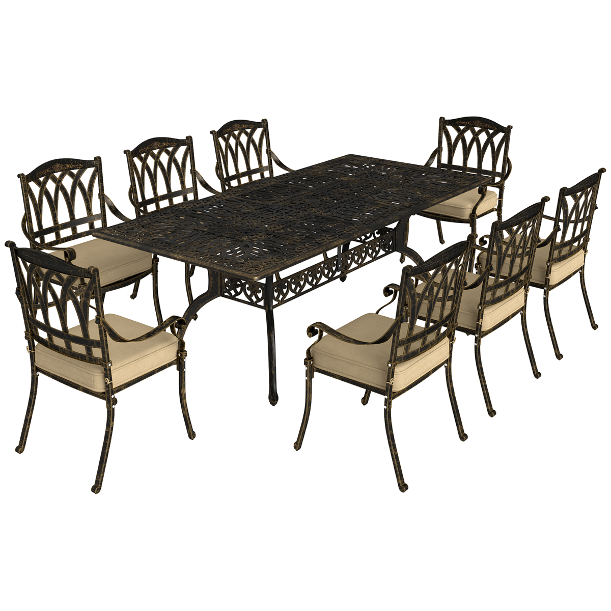 Elegant Nine-Piece Dining Set with Cushions & Parasol Hole for Outdoor Use