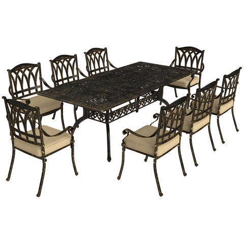 Elegant Nine-Piece Dining Set with Cushions & Parasol Hole for Outdoor Use