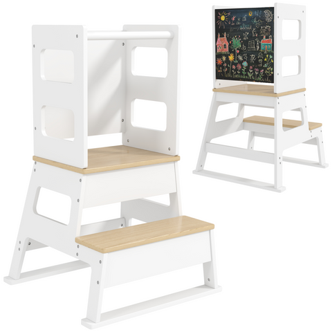 AIYAPLAY 2 in 1 Toddler Tower w/ Chalkboard, Safety Rail, for Kitchen, Sink
