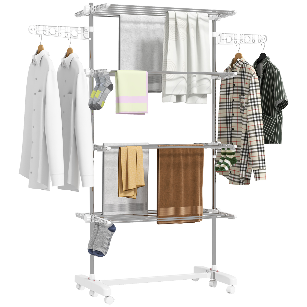 4 Layers Folding Cloth Hanger Stand Rail W/Wheels-White/Silver