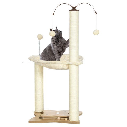 Cat Tree for Indoor Cats w/ Scratching Posts Hammock, Toy Ball - Beige Pawhut