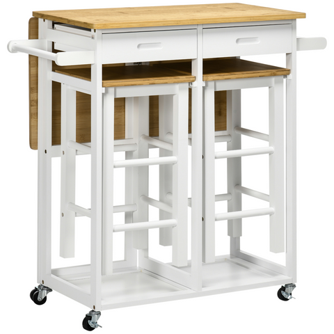 HOMCOM Bamboo Breakfast Cart with Drop Leaf Table and 2 Stools