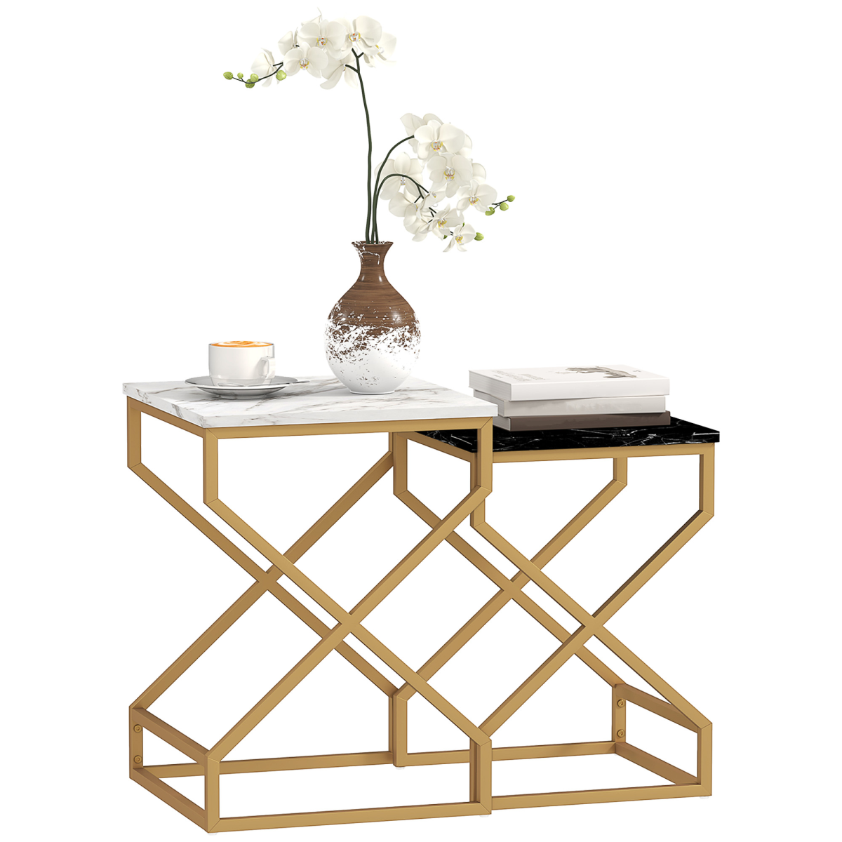 HOMCOM Nest Of Tables, Coffee Table Set with Steel Frame Black/White