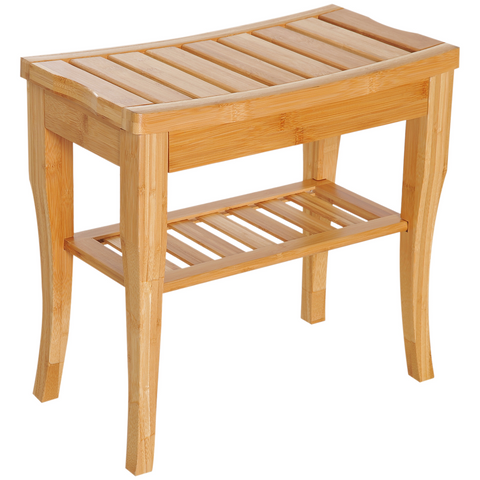 2-Tier Slatted Shower Bench Storage Seat Stool w/ Shelf Safe Comfortable Bath