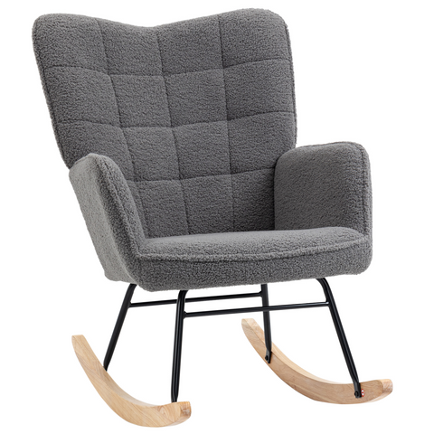 HOMCOM Wingback Rocking Chair for Nursing w/ Steel Frame and Wooden Base Grey