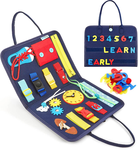 Dyzi Montessori Busy Board Sensory Learning Activity Toy Travel Portable Fabric