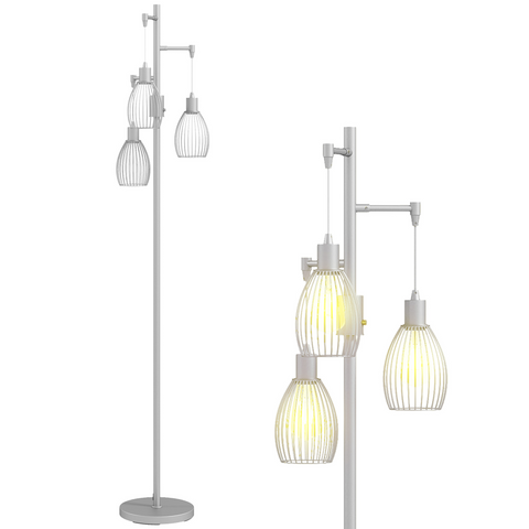 HOMCOM Industrial 3-Light Floor Lamp Dimmable Standing Lamp, Silver Tone
