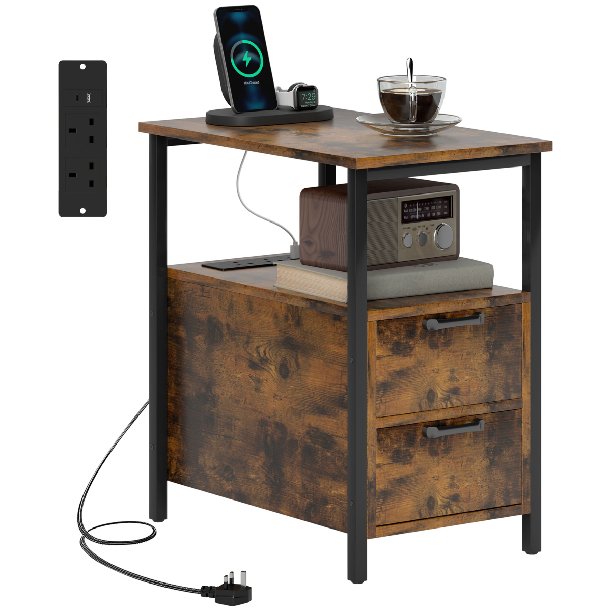 HOMCOM Bedside Table with Charging Station for Living Room, Rustic Brown