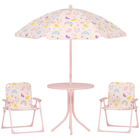 AIYAPLAY Kids Garden Table and Chair Set, Outdoor Patio Set w/ Parasol, Pink