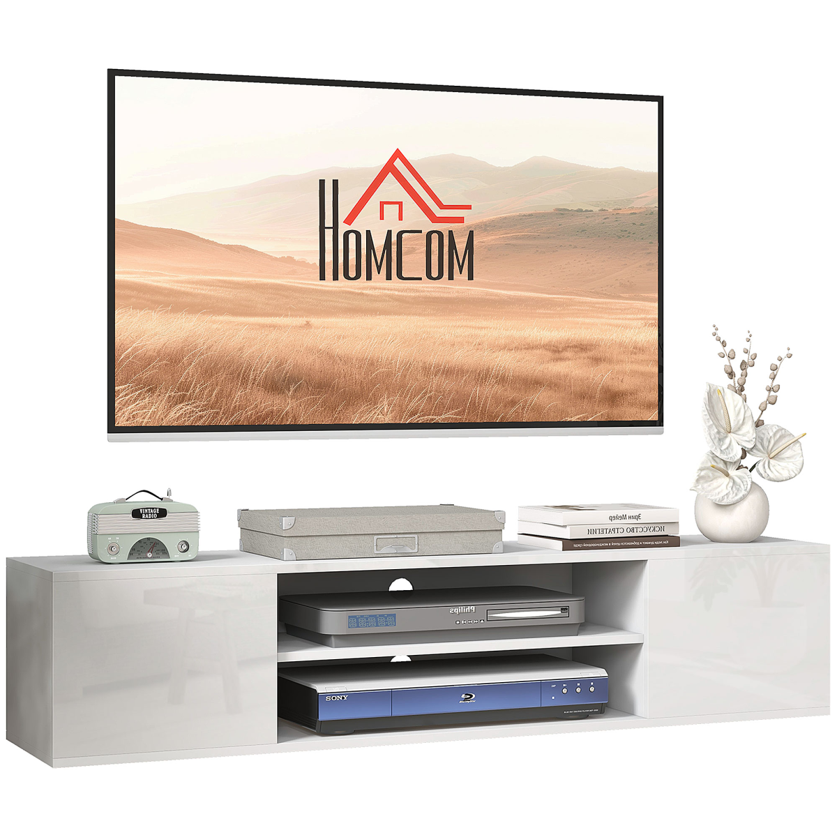 HOMCOM Floating TV Unit for 60" TVs W/ Shelves and Cabinets, White