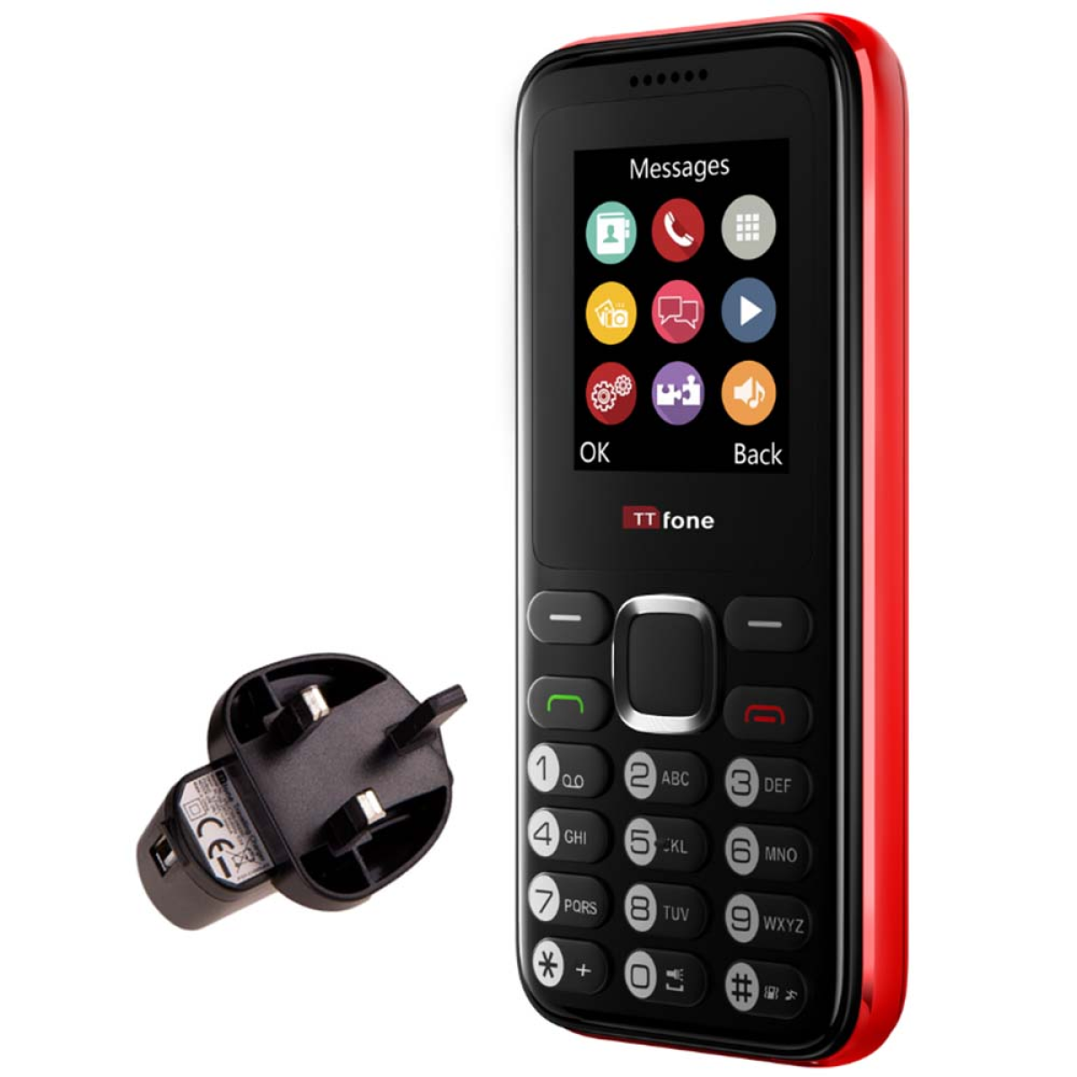 TTfone TT150 Unlocked Basic Mobile Phone UK Sim Free, Long Battery Life, Dual Sim with camera and games, easy to use, durable and light weight pay as you go - Red with Mains Charger and O2 Sim Card