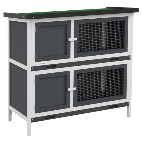 PawHut Double Decker Rabbit Hutch Bunny Cage Pet House Outdoor with Tray, Grey